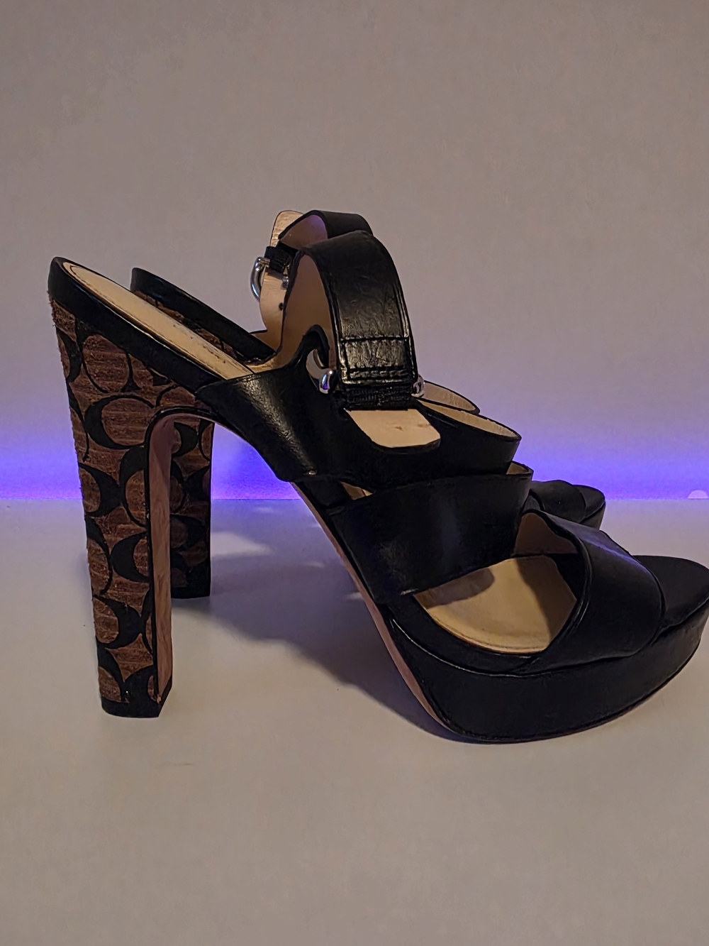 Coach Black Leather Platform Sandals with Logo-Patterned Block Heel